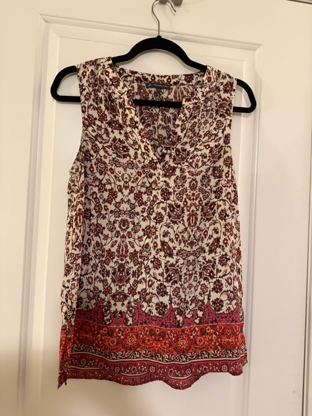 Sleeveless Floral Border Print Top - Cream with Burgundy & Pink